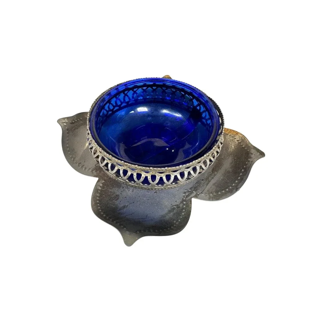 Vintage Cobalt Blue Glass Salt Cellar Insert Silver Filigree Lily Pad Holder